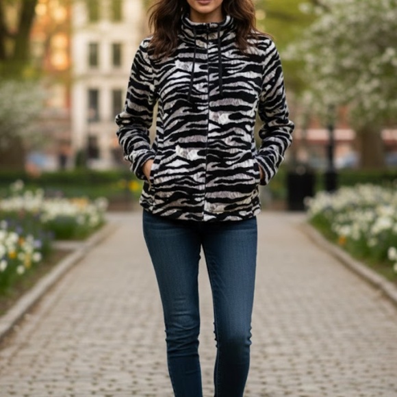 Kim Rogers Full Zip Jacket Womens Large Animal Print Soft Cozy Fleece Drawstring - Picture 8 of 8